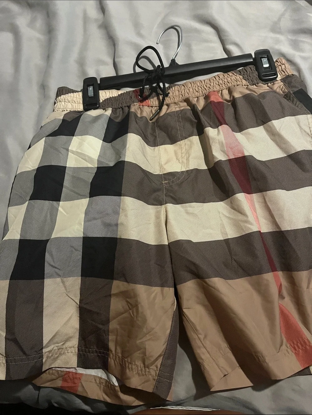 Burberry Beige Plaid Swim Board Shorts with Red Stripe